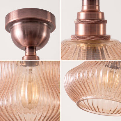 Amber Ribbed Glass Semi Flush Ceiling Light – Copper, E27 - photo 5