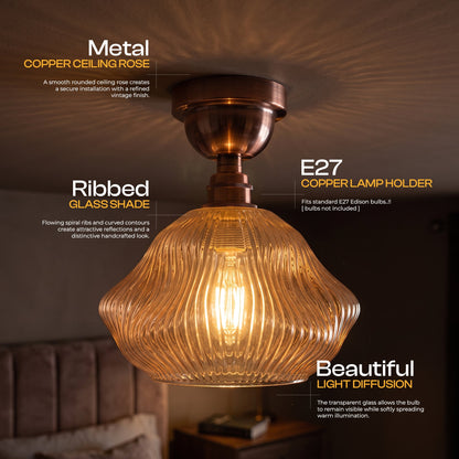 Amber Ribbed Glass Semi Flush Ceiling Light – Copper, E27 - photo 6