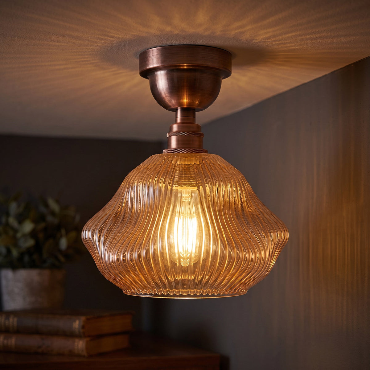 Amber Ribbed Glass Semi Flush Ceiling Light – Copper, E27 - photo 7