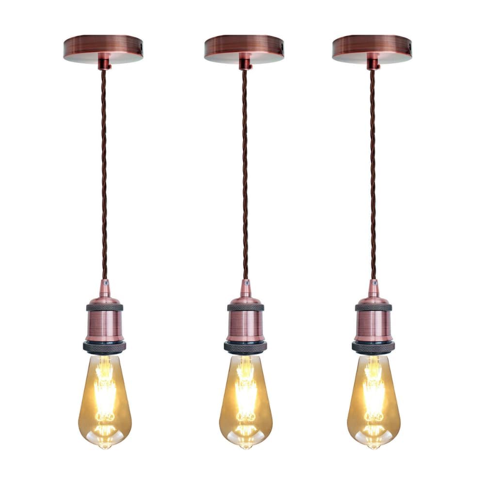 Copper Pendant Lamp Holder – 2 m Brown Twisted Fabric Cable, E27 - photo 3
