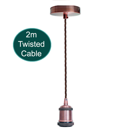 Copper Pendant Lamp Holder – 2 m Brown Twisted Fabric Cable, E27