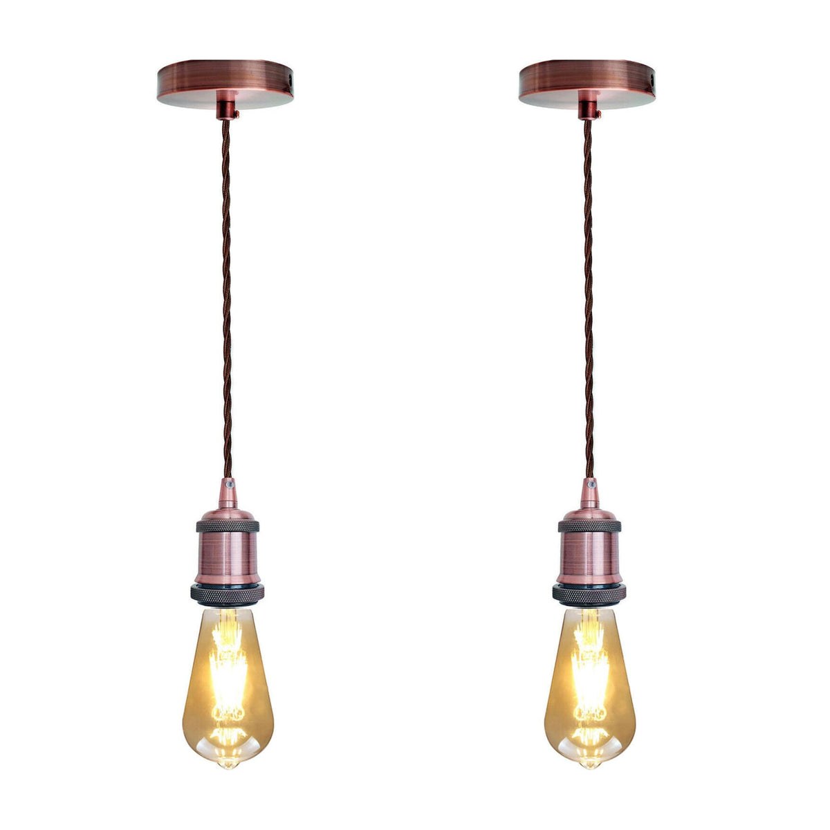 Copper Pendant Lamp Holder – 2 m Brown Twisted Fabric Cable, E27 - photo 2