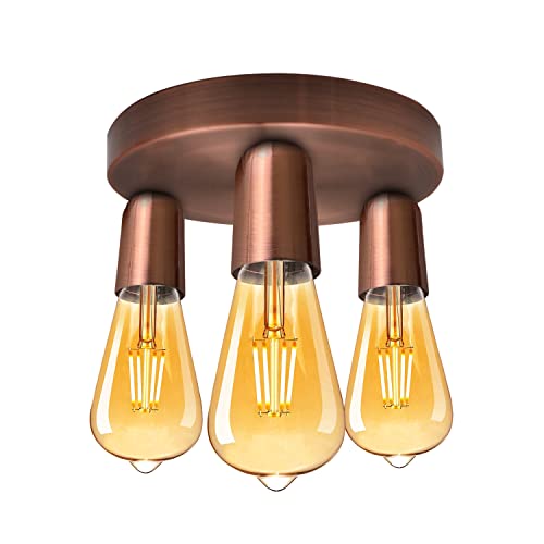 3-Light Semi-Flush Ceiling Light – E27 Holders, 9 Finishes - Copper, No Shade, ST64 Bulb