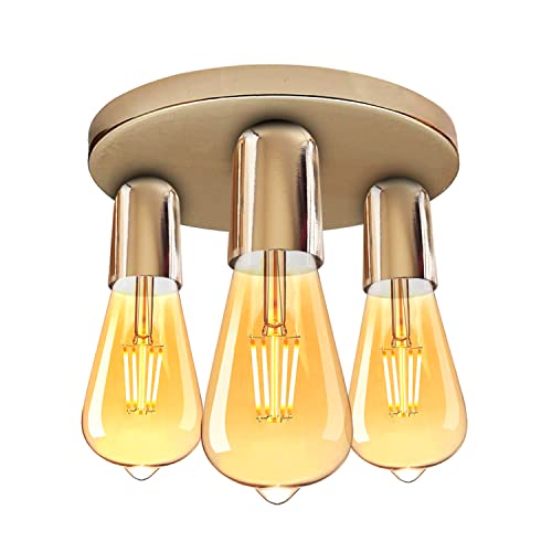 3-Light Semi-Flush Ceiling Light – E27 Holders, 9 Finishes - French Gold, No Shade, ST64 Bulb