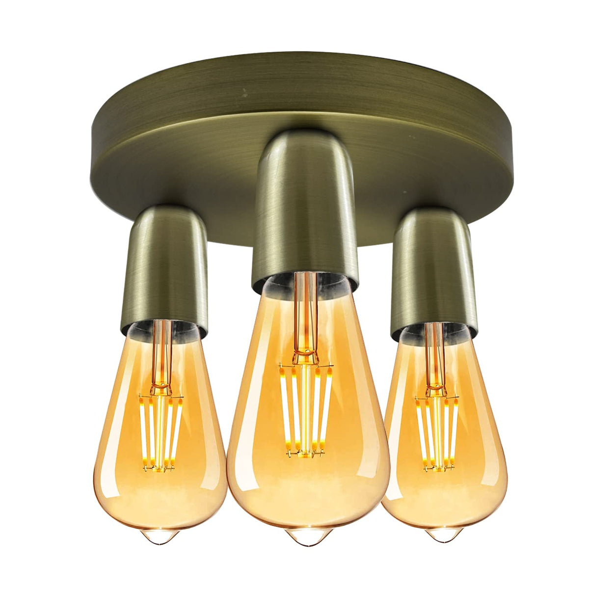 3-Light Semi-Flush Ceiling Light – E27 Holders, 9 Finishes - Green Brass, No Shade, ST64 Bulb