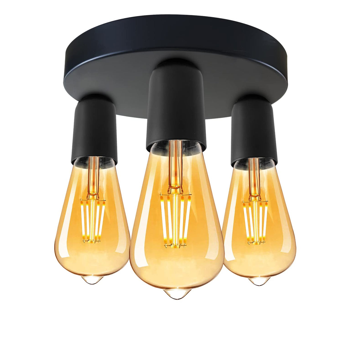 3-Light Semi-Flush Ceiling Light – E27 Holders, 9 Finishes - Matt Black, No Shade, ST64 Bulb