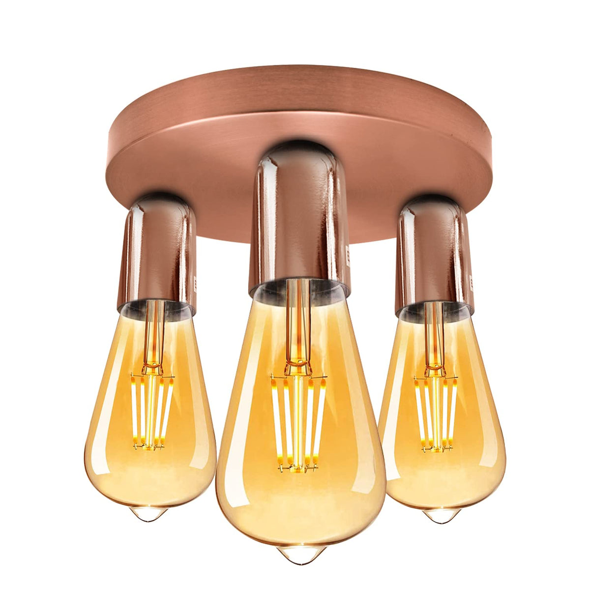 3-Light Semi-Flush Ceiling Light – E27 Holders, 9 Finishes - Rose Gold, No Shade, ST64 Bulb