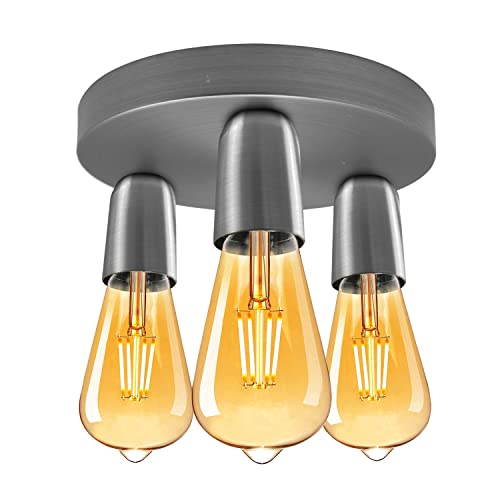 3-Light Semi-Flush Ceiling Light – E27 Holders, 9 Finishes - Satin Nickel, No Shade, ST64 Bulb