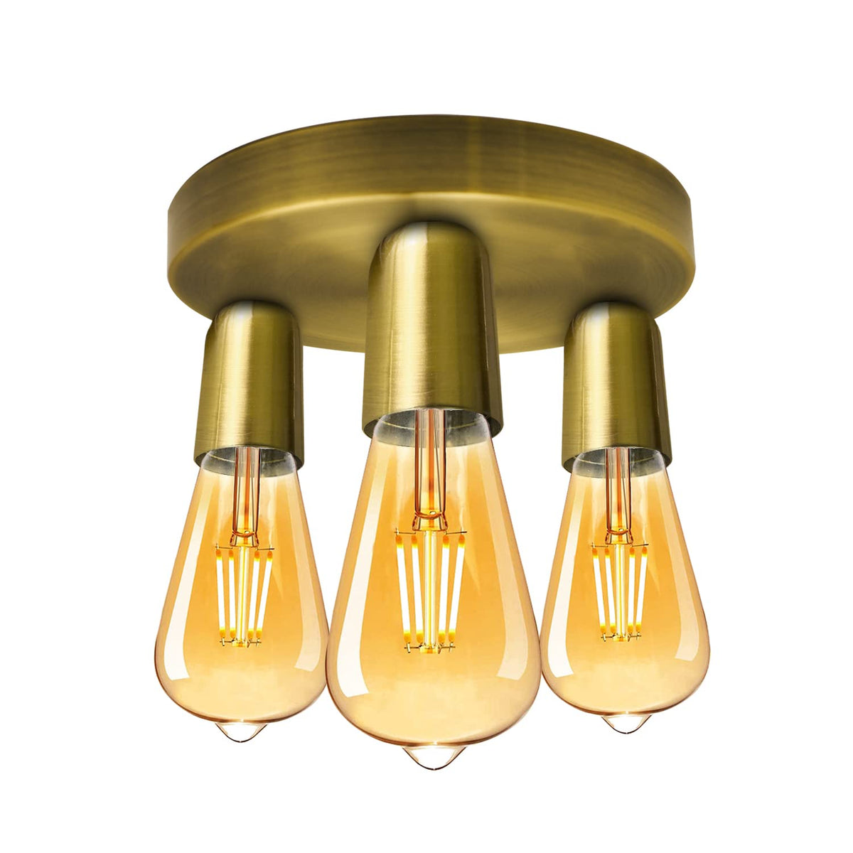 3-Light Semi-Flush Ceiling Light – E27 Holders, 9 Finishes - Yellow Brass, No Shade, ST64 Bulb