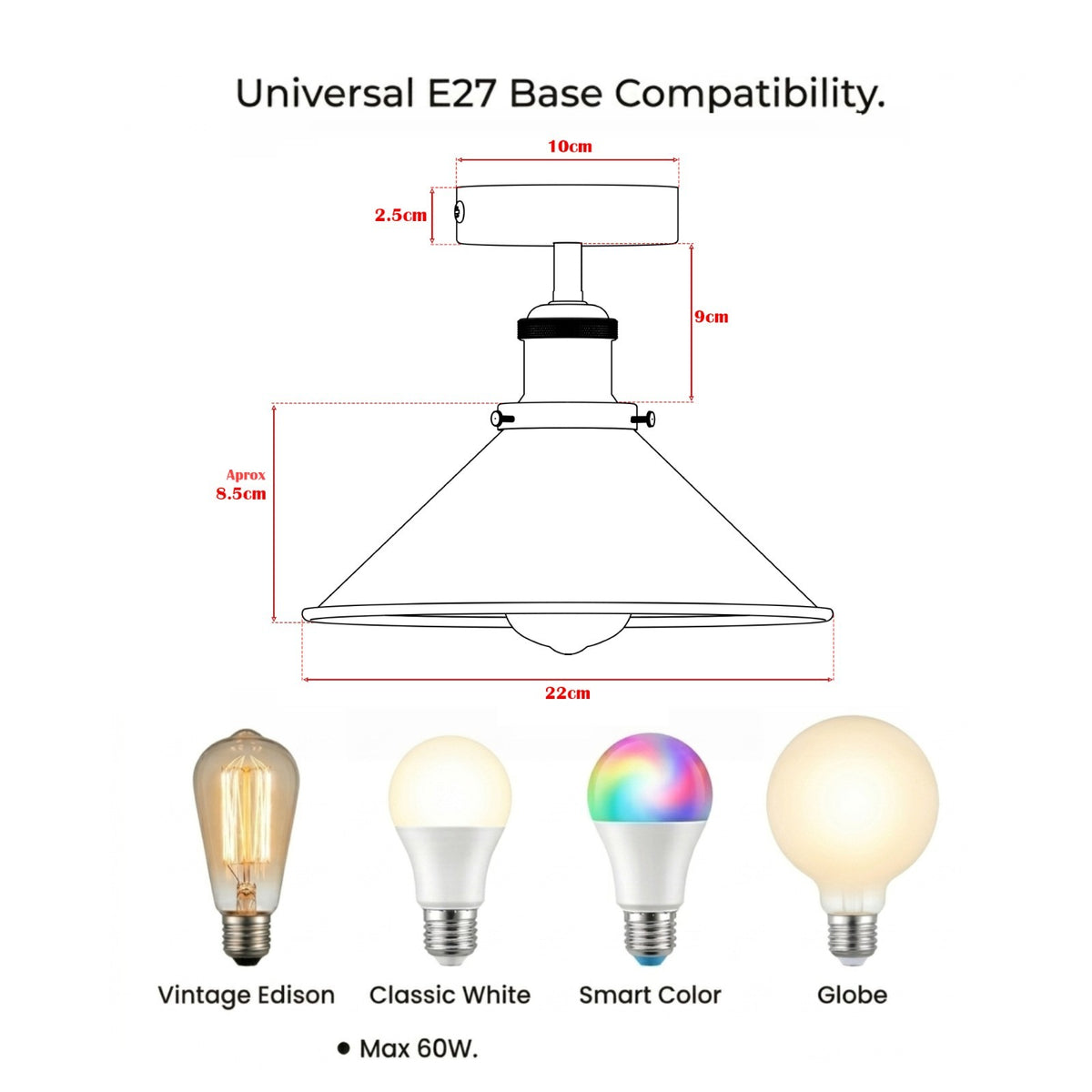 Semi Flush Ceiling Light – 22 cm Metal Cone Shade, Many Colours, E27 - photo 4