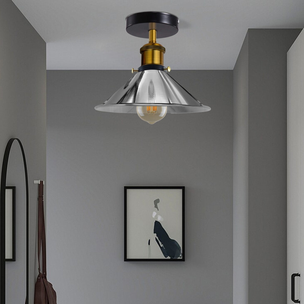 Semi Flush Ceiling Light – 22 cm Metal Cone Shade, Many Colours, E27 - photo 5
