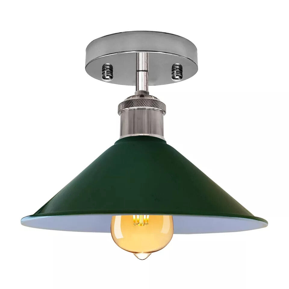 Semi Flush Ceiling Light – 22 cm Metal Cone Shade, Many Colours, E27 - Chrome, Flat Cone 22 cm Green, Without Bulb