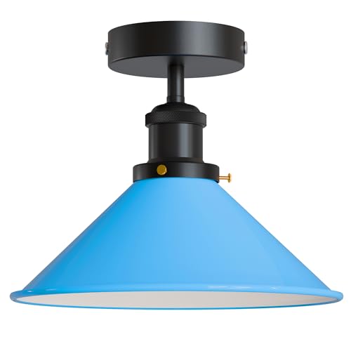Semi Flush Ceiling Light – 22 cm Metal Cone Shade, Many Colours, E27 - Black, Flat Cone 22 cm Blue, Without Bulb