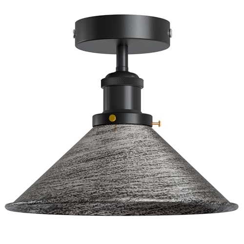 Semi Flush Ceiling Light – 22 cm Metal Cone Shade, Many Colours, E27 - Black, Flat Cone 22 cm Brushed Silver, Without Bulb
