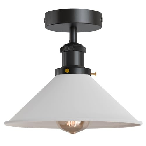 Semi Flush Ceiling Light – 22 cm Metal Cone Shade, Many Colours, E27 - Black, Flat Cone 22 cm White, Without Bulb