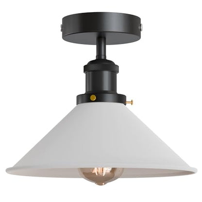 Semi Flush Ceiling Light – 22 cm Metal Cone Shade, Many Colours, E27 - Black, Flat Cone 22 cm White, Without Bulb