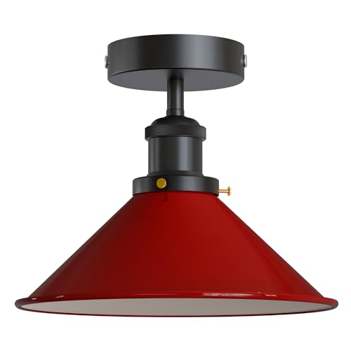 Semi Flush Ceiling Light – 22 cm Metal Cone Shade, Many Colours, E27 - Black, Flat Cone 22 cm Red, Without Bulb