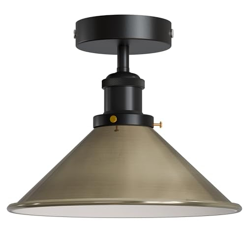 Semi Flush Ceiling Light – 22 cm Metal Cone Shade, Many Colours, E27 - Black, Flat Cone 22 cm Green Brass, Without Bulb