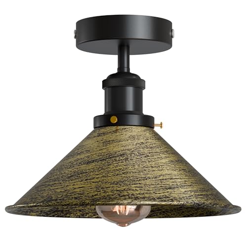 Semi Flush Ceiling Light – 22 cm Metal Cone Shade, Many Colours, E27 - Black, Flat Cone 22 cm Brushed Brass, Without Bulb