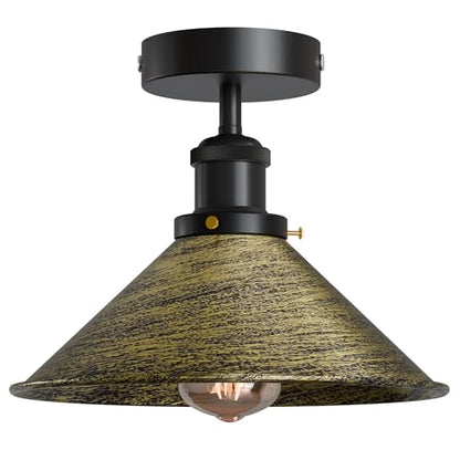Semi Flush Ceiling Light – 22 cm Metal Cone Shade, Many Colours, E27 - Black, Flat Cone 22 cm Brushed Brass, Without Bulb