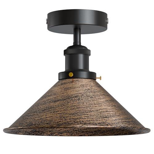 Semi Flush Ceiling Light – 22 cm Metal Cone Shade, Many Colours, E27 - Black, Flat Cone 22 cm Brushed Copper, Without Bulb