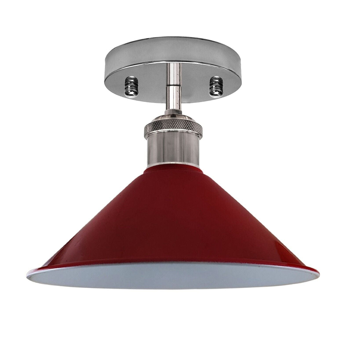 Semi Flush Ceiling Light – 22 cm Metal Cone Shade, Many Colours, E27 - Chrome, Flat Cone 22 cm Red, Without Bulb