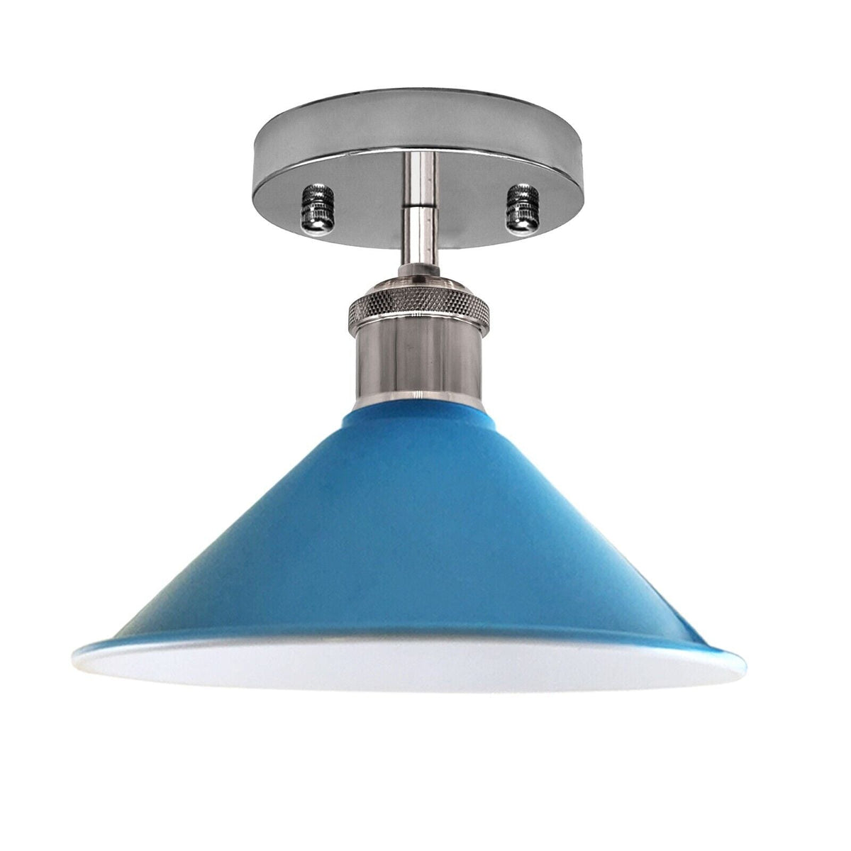 Semi Flush Ceiling Light – 22 cm Metal Cone Shade, Many Colours, E27 - Chrome, Flat Cone 22 cm Blue, Without Bulb