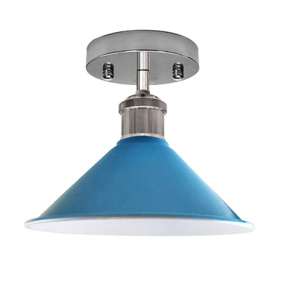 Semi Flush Ceiling Light – 22 cm Metal Cone Shade, Many Colours, E27 - Chrome, Flat Cone 22 cm Blue, Without Bulb