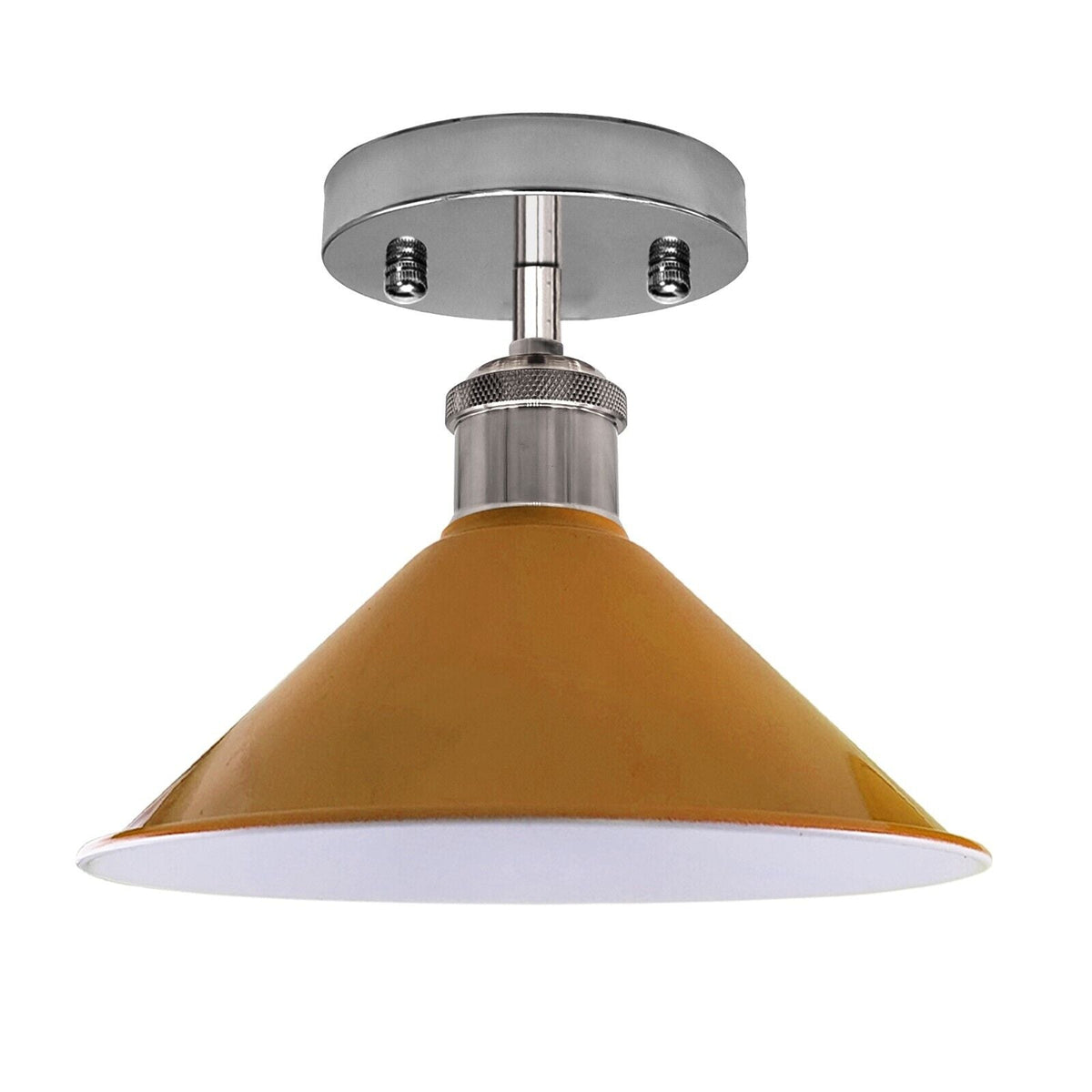 Semi Flush Ceiling Light – 22 cm Metal Cone Shade, Many Colours, E27 - Chrome, Flat Cone 22 cm Yellow, Without Bulb