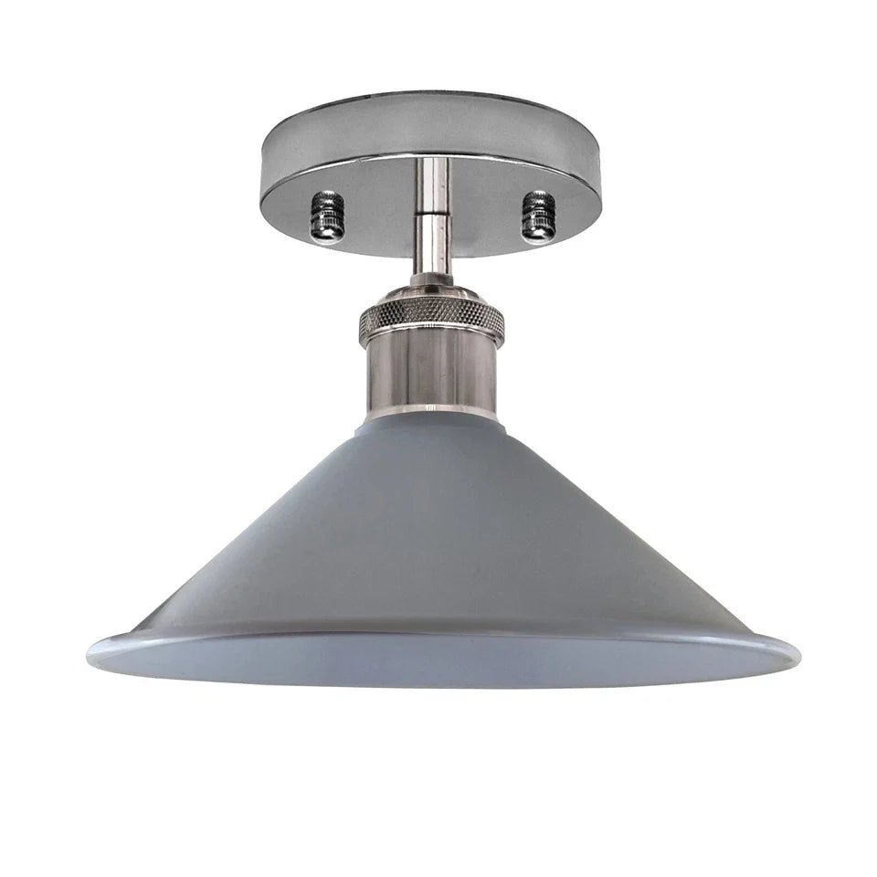 Semi Flush Ceiling Light – 22 cm Metal Cone Shade, Many Colours, E27 - Chrome, Flat Cone 22 cm Grey, Without Bulb