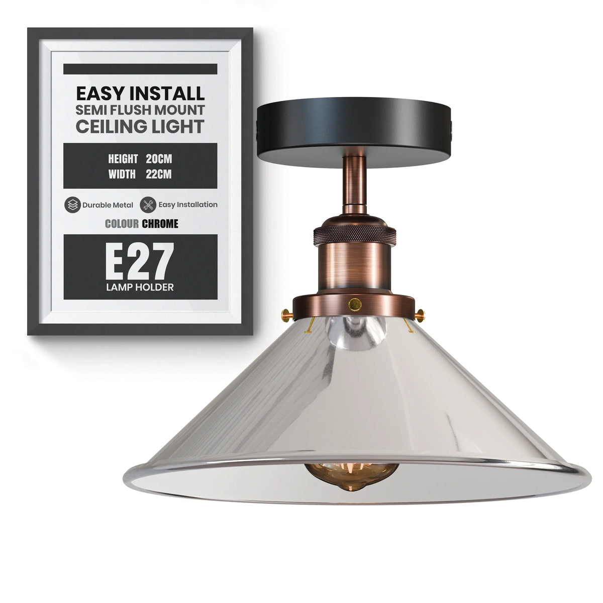Semi Flush Ceiling Light – 22 cm Metal Cone Shade, Many Colours, E27 - photo 73