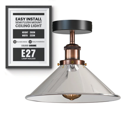 Semi Flush Ceiling Light – 22 cm Metal Cone Shade, Many Colours, E27 - photo 73