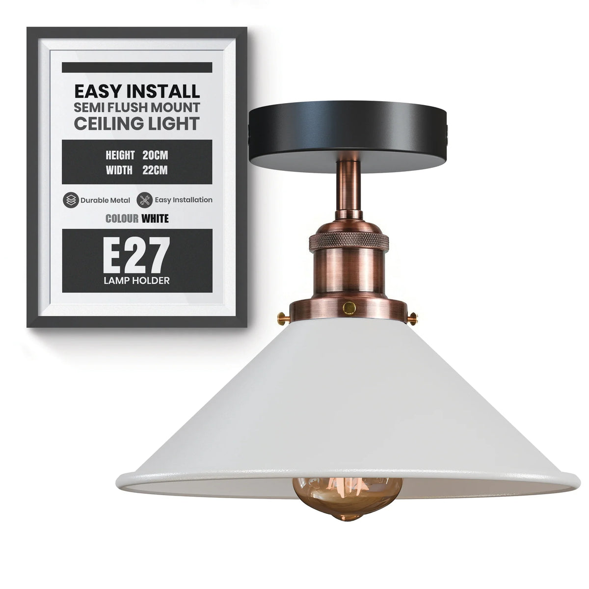 Semi Flush Ceiling Light – 22 cm Metal Cone Shade, Many Colours, E27 - photo 74