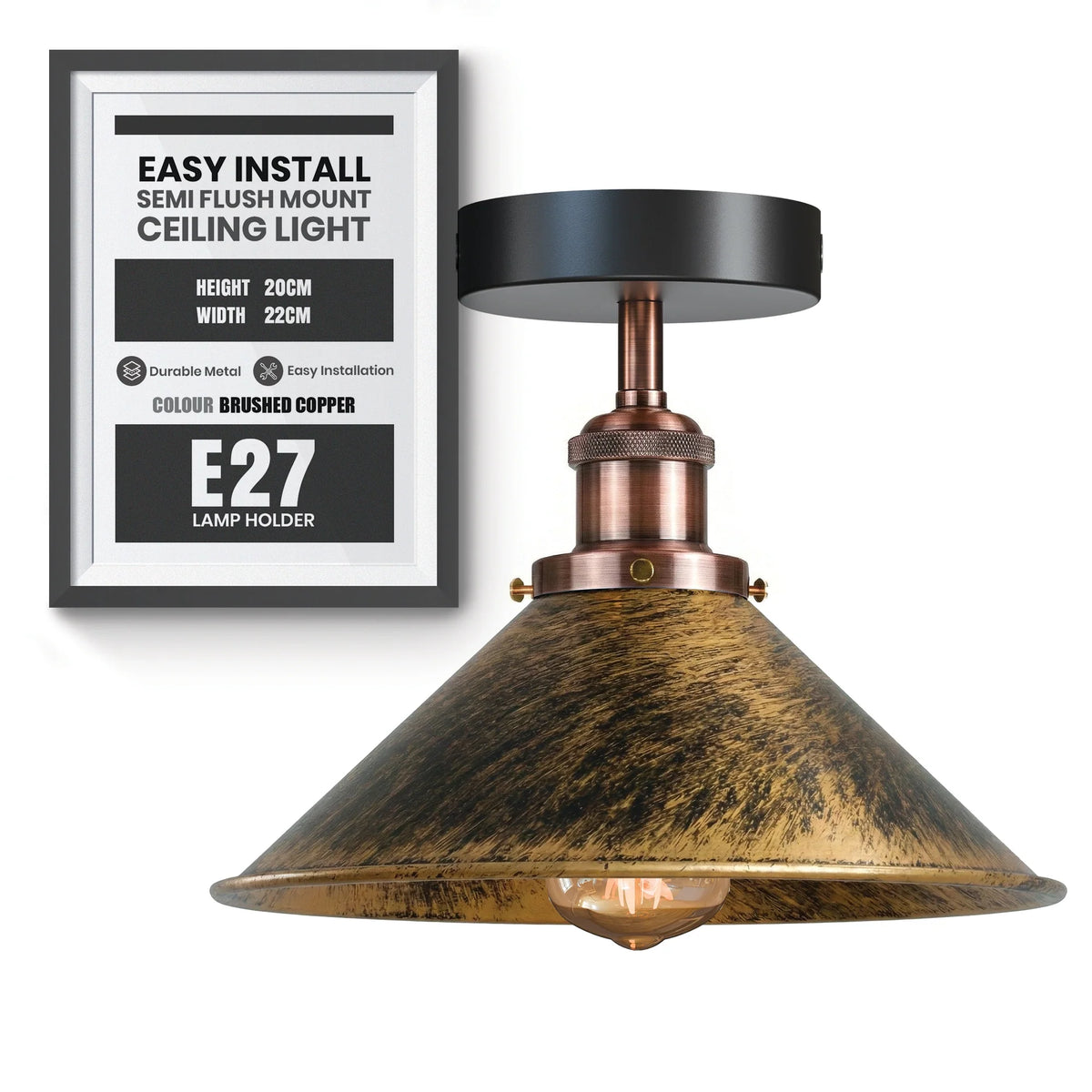 Semi Flush Ceiling Light – 22 cm Metal Cone Shade, Many Colours, E27 - photo 75