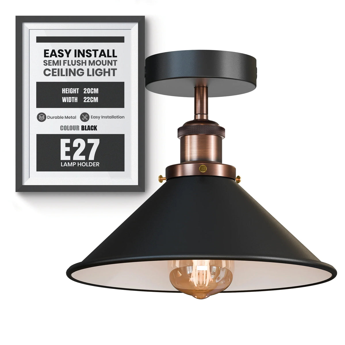 Semi Flush Ceiling Light – 22 cm Metal Cone Shade, Many Colours, E27 - Copper, Flat Cone 22 cm Black & White Inner, Without Bulb