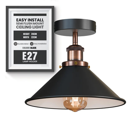 Semi Flush Ceiling Light – 22 cm Metal Cone Shade, Many Colours, E27 - Copper, Flat Cone 22 cm Black & White Inner, Without Bulb