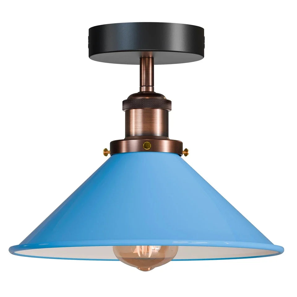 Semi Flush Ceiling Light – 22 cm Metal Cone Shade, Many Colours, E27 - Copper, Flat Cone 22 cm Blue, Without Bulb