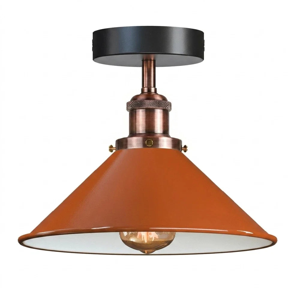Semi Flush Ceiling Light – 22 cm Metal Cone Shade, Many Colours, E27 - Copper, Flat Cone 22 cm Orange, Without Bulb