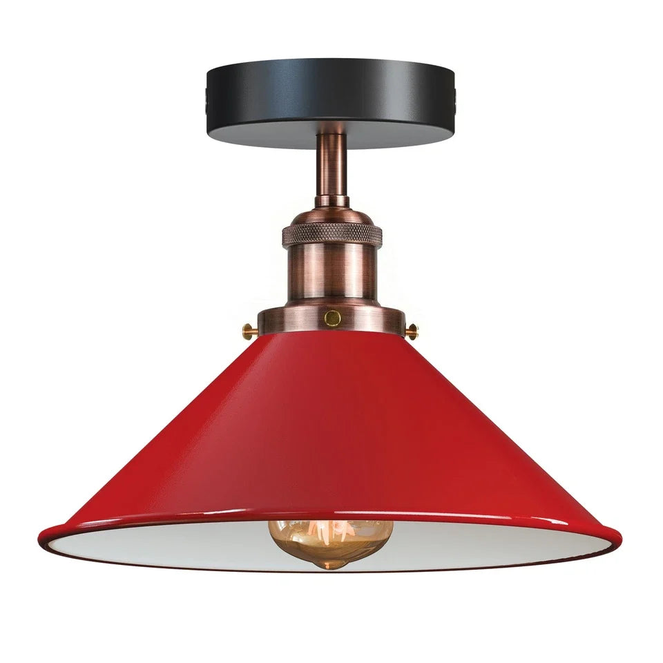 Semi Flush Ceiling Light – 22 cm Metal Cone Shade, Many Colours, E27 - Copper, Flat Cone 22 cm Red, Without Bulb