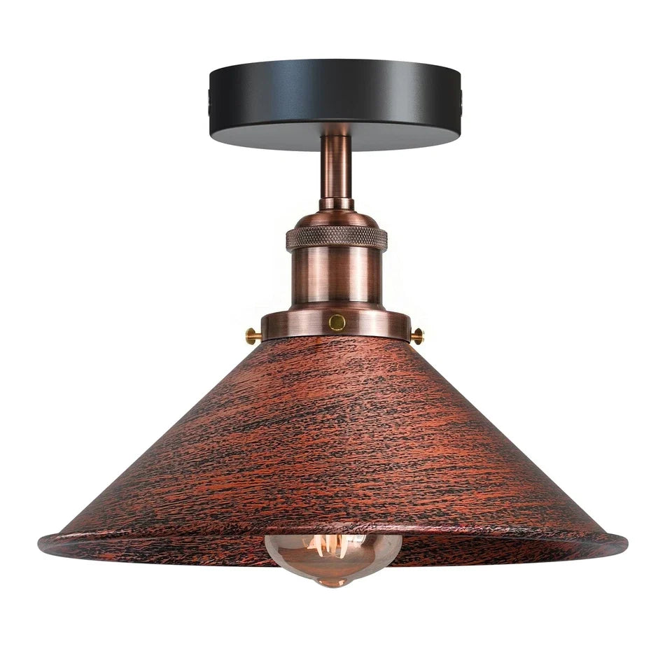 Semi Flush Ceiling Light – 22 cm Metal Cone Shade, Many Colours, E27 - Copper, Flat Cone 22 cm Rustic Red, Without Bulb