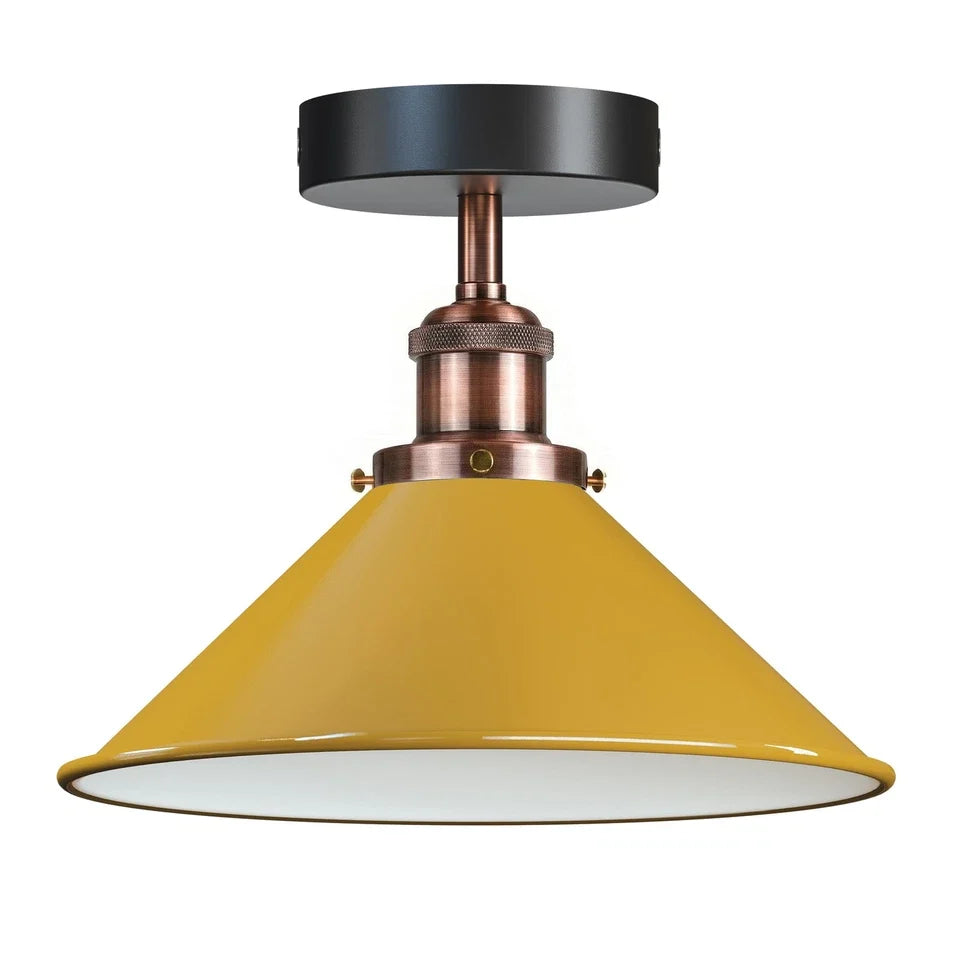 Semi Flush Ceiling Light – 22 cm Metal Cone Shade, Many Colours, E27 - Copper, Flat Cone 22 cm Yellow, Without Bulb