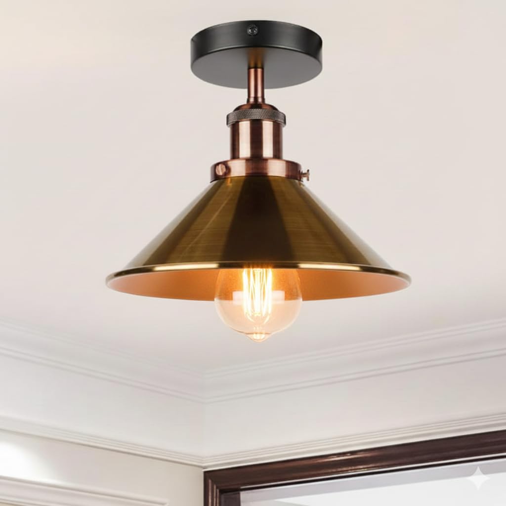 Semi Flush Ceiling Light – 22 cm Metal Cone Shade, Many Colours, E27 - Copper, Flat Cone 22 cm Yellow Brass, Without Bulb