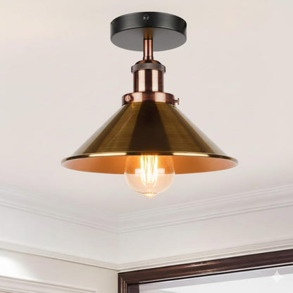 Semi Flush Ceiling Light – 22 cm Metal Cone Shade, Many Colours, E27 - Copper, Flat Cone 22 cm Yellow Brass, Without Bulb