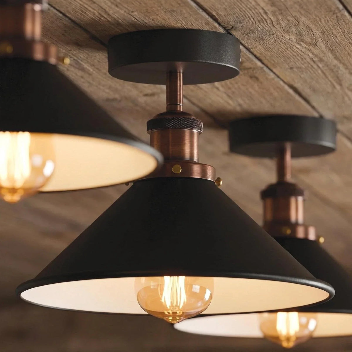 Semi Flush Ceiling Light – 22 cm Metal Cone Shade, Many Colours, E27 - Copper, Flat Cone 22 cm Black & White Inner Pack of 2, Without Bulb