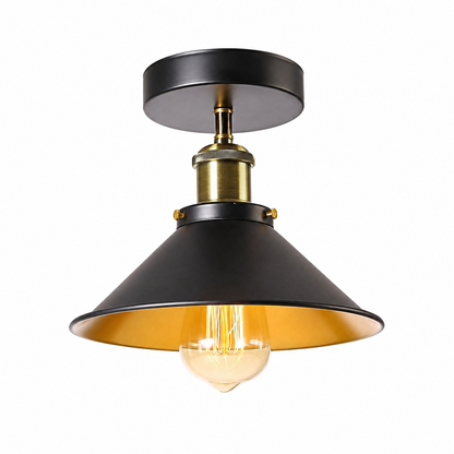 Semi Flush Ceiling Light – 22 cm Metal Cone Shade, Many Colours, E27 - Green Brass, Flat Cone 22 cm Black & Gold, Without Bulb