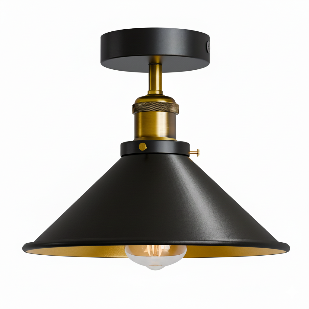 Semi Flush Ceiling Light – 22 cm Metal Cone Shade, Many Colours, E27 - Yellow Brass, Flat Cone 22 cm Black & Gold, Without Bulb