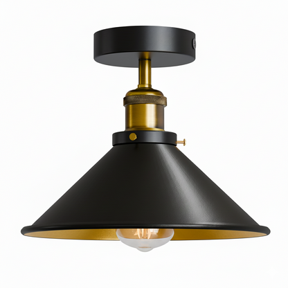 Semi Flush Ceiling Light – 22 cm Metal Cone Shade, Many Colours, E27 - Yellow Brass, Flat Cone 22 cm Black & Gold, Without Bulb
