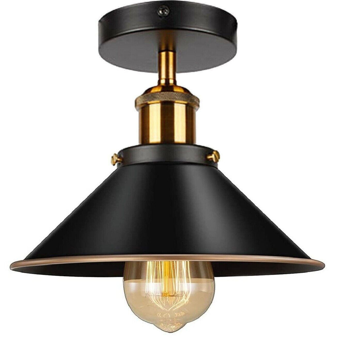 Semi Flush Ceiling Light – 22 cm Metal Cone Shade, Many Colours, E27 - Yellow Brass, Flat Cone 22 cm Black & Gold Line, Without Bulb