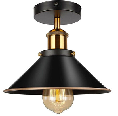 Semi Flush Ceiling Light – 22 cm Metal Cone Shade, Many Colours, E27 - Yellow Brass, Flat Cone 22 cm Black & Gold Line, Without Bulb