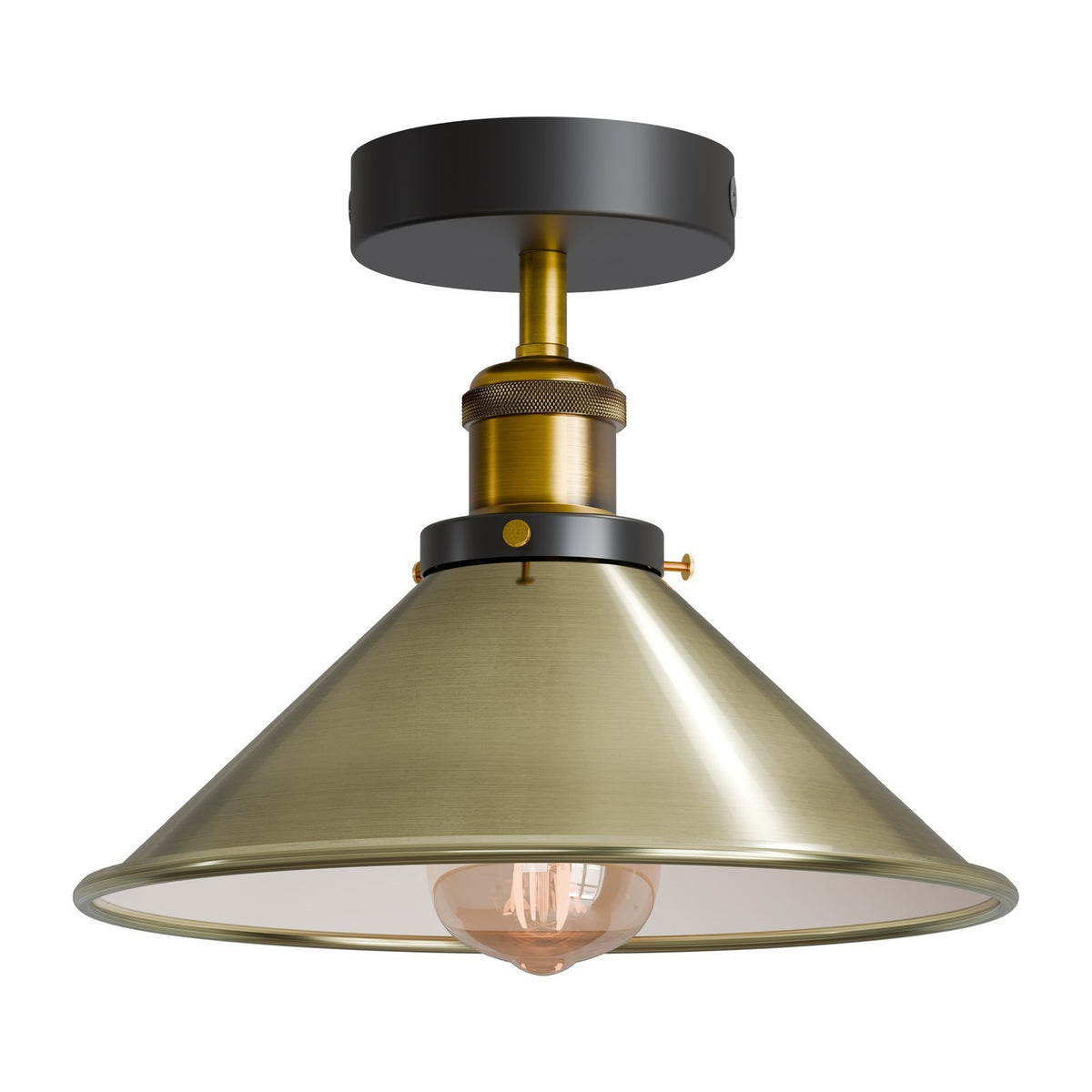Semi Flush Ceiling Light – 22 cm Metal Cone Shade, Many Colours, E27 - Yellow Brass, Flat Cone 22 cm Green Brass, Without Bulb